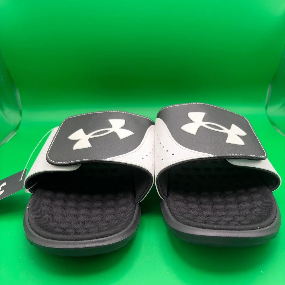 Under Armour Ignite Pro SL Sandals Mens 18 Black/White UA Adjustable Slides NWT